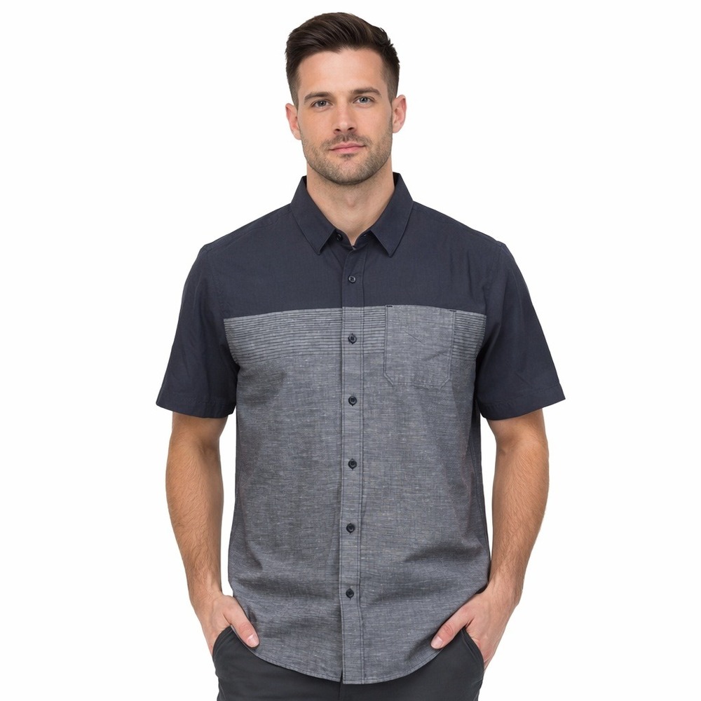 TravisMathew Mens XL Short Sleeve Button Up Shirt Navy Grey Colorblock Cotton